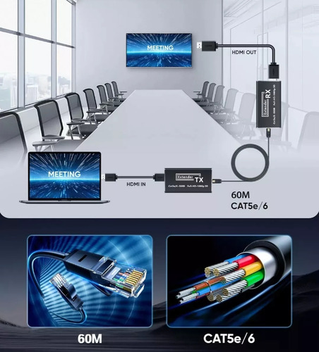 Extensor De Hdmi Adaptador Cat5e/6/7 60m Full Hd 1080p 3d