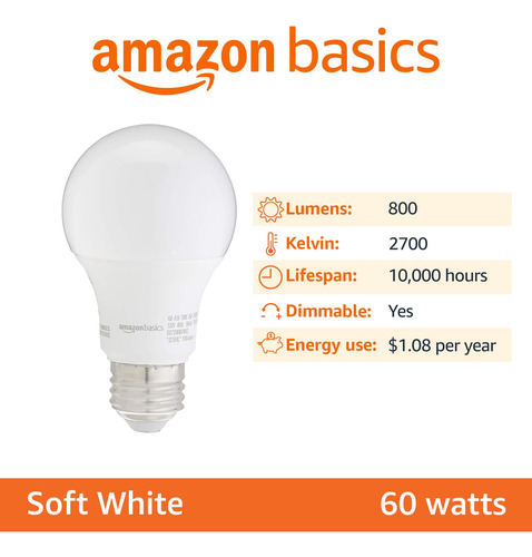 Bombillas Led Amazon Basics A19, 9 W, 2700 K, E26, Paquete D