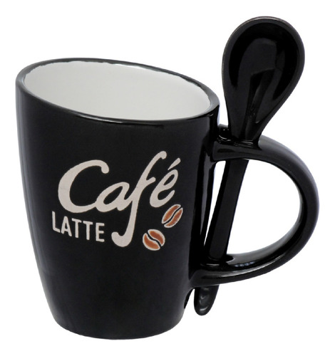 Caneca Xícara Café Capuccino Chocolate C/ Colher Cerâmica Cor Preto