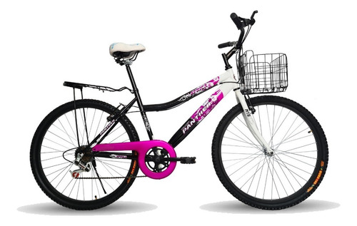 Mountain bike femenina Black Panther Lady Africa R26 6v frenos v-brakes cambios Tough color negro/blanco/violeta con pie de apoyo