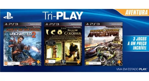 Tri-Play Aventura para PS3 Sony - Uncharted 2 - Ico & Shadow of the  Colossus MotorStorm Apocalypse - Jogos de Aventura - Magazine Luiza