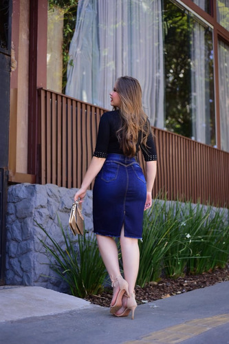 Saia Evangélica Midi Jeans Azul Escura Sm007 By Bellatotti