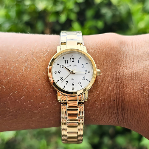 Kit Relogio Lince Pequeno Dourado Feminino Colar e Brincos Lrgh186l25 B2kx