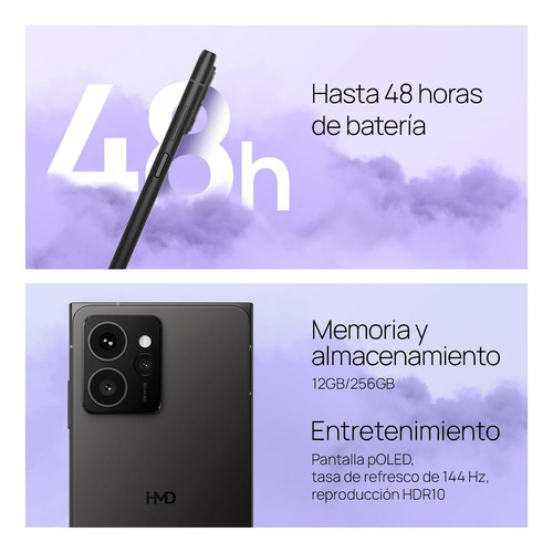 Smartphone Hmd Skyline | Dual Sim | Android 14 | Batería De 2 Días | Pantalla 6.55 Poled 144hz Con Hdr10 | 12gb Ram + 256gb | Cámara Triple 108 Mp | Cámara Frontal 50 Mp | Versión Internacional | Col