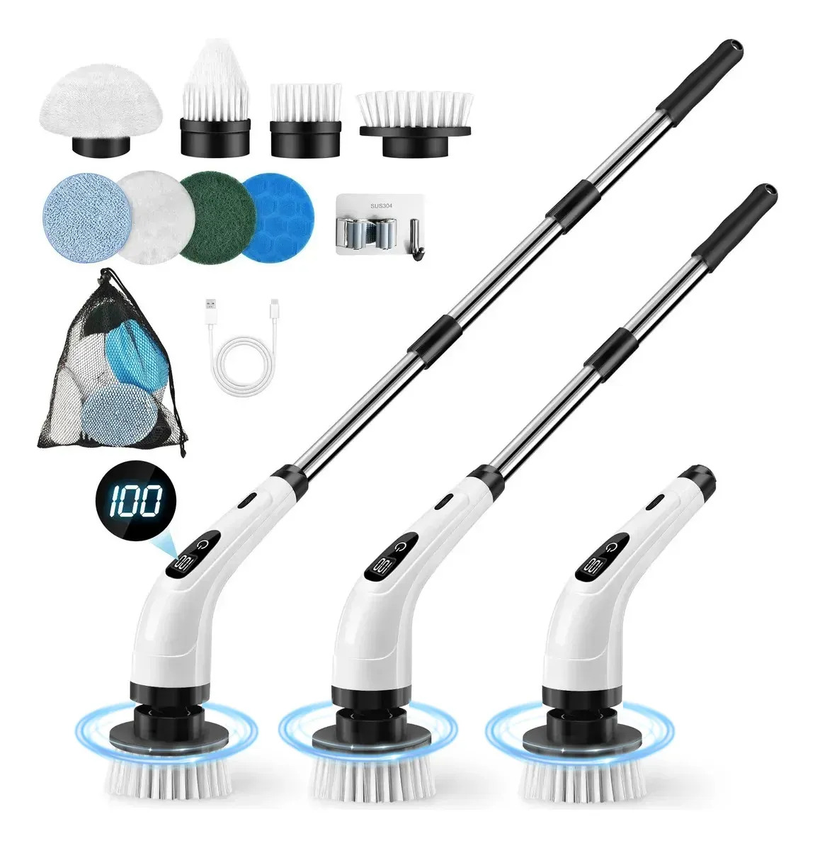 AIYINSMART Cepillo Eléctrico de Limpieza Inalámbrico Rotativo – Limpiador Multiusos para Baño y Cocina, IPX7 Resistente al Agua con Pantalla LCD, Mango Extensible Ajustable