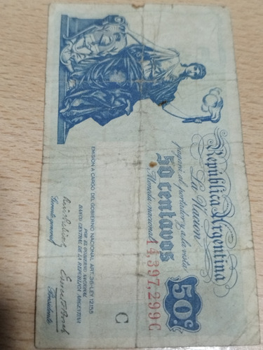 Billete Antiguo Argentina $ 50 Centavos Moneda Nacional 1947 (Usado)