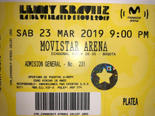 20% Descuento!! Kravitz Raise Vibration Tour 2019 Una Boleta