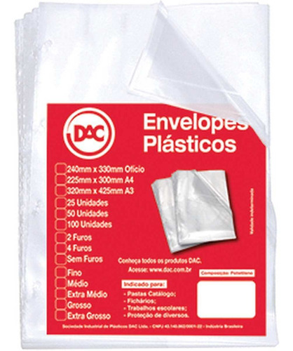 Envelope Plastico Oficio 4furos Grosso 0,15mm Pct.c/100 Dac