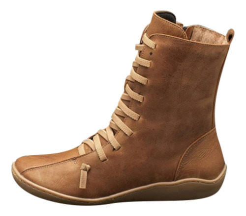 Botas De Cuero Para Mujer Con Punta Redonda Y Cremallera Lat