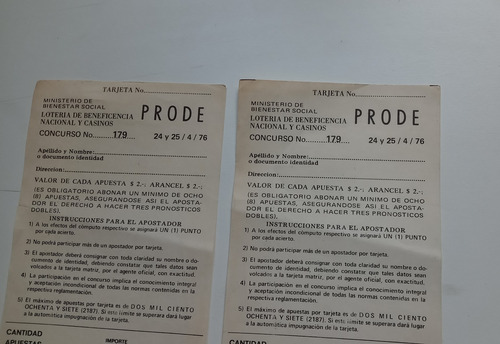 2 Boletas Antiguas De Prode 1976 E (Usado)