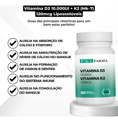 Vitamina D3 10.000ui + K2 (mk-7) 120mcg 60 Caps. Sublingual Laranja