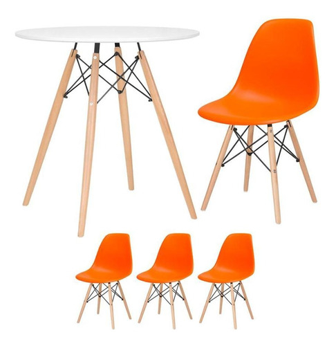 Kit Mesa Jantar Eames Wood 70 Cm 3 Cadeiras Eiffel Coloridas Tampa Mesa branco com cadeiras laranja