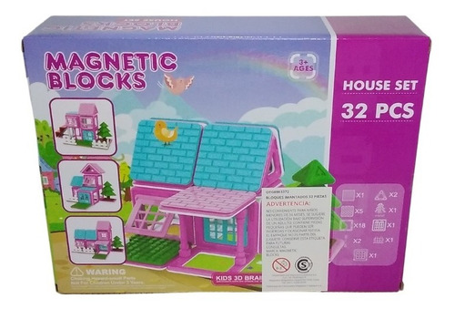 Imagen 2 de 4 de Bloques Magneticos 32 Pzas Casa De Muñecas Cabaña Rosa Edu