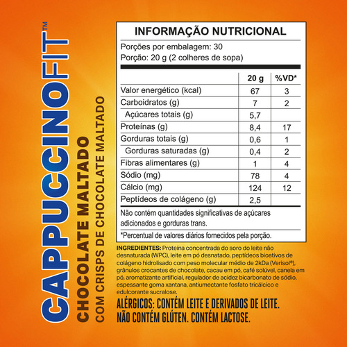 Refil Cappuccino Fit Com Whey Protein E Colágeno Verisol Proteína Concentrada Não Desnaturada 600g Sabor Chocolate Maltado