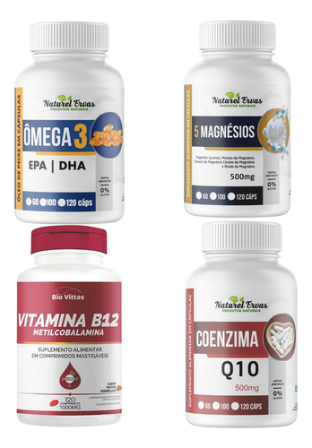 Kit Completo: B12 + Ômega 3 + Coenzima Q10 + 5 Magnésio