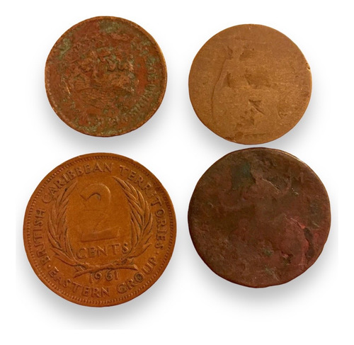 4 Monedas Cobre Antiguas Mexico Francia Inglaterra-caribes (Usado)