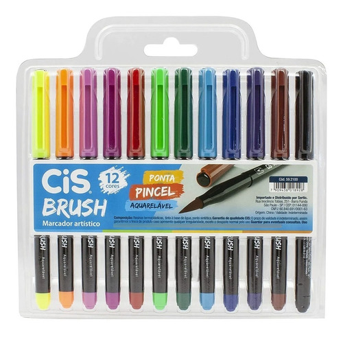 Caneta Cis Brush Aquarelável 12 Cores Ponta Pincel Lettering