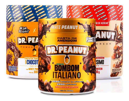 3x Pasta De Amendoim Com Whey Protein - 600g - Dr. Peanut Sabor Chocotine/buenissima/b.italiano