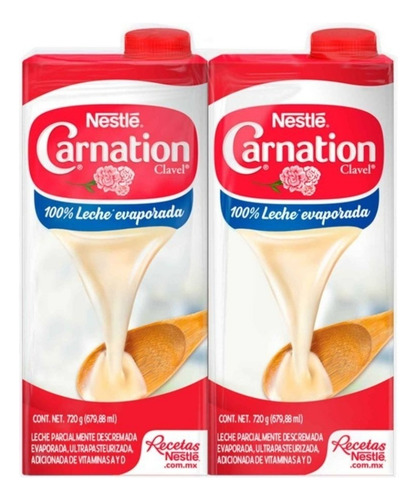 Leche Evaporada Carnation Clavel Nestlé 2 Pzas De 720 G C/u