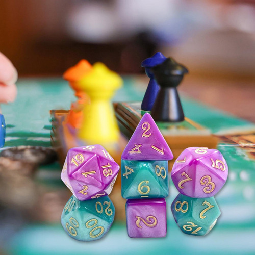 7x Dados Poliédricos D4 D6 D8 D10 D12 D20 Verde Violeta