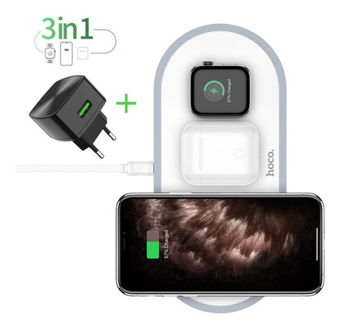 Carregador iPhone Wireless 3 Em 1 Sem Fio - Hoco / Branco