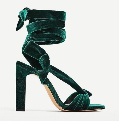 Sandalias Zara Amarras Terciopelo Verde Taco Alto