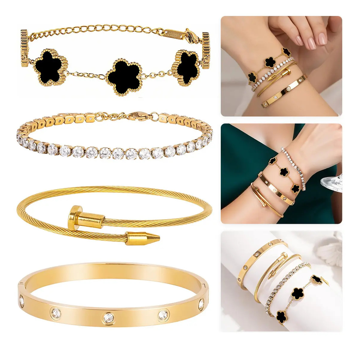 Imagen de AOKUN 4pz Pulsera Oro 18k Mujer Zirconias Y Trébol 5 Hojas Regalos,Estilo B