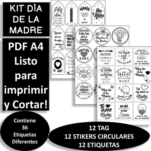 Imagen 1 de 4 de Kit Imprimible 01 Blanco Negro Dia De La Madre Tags Stikers