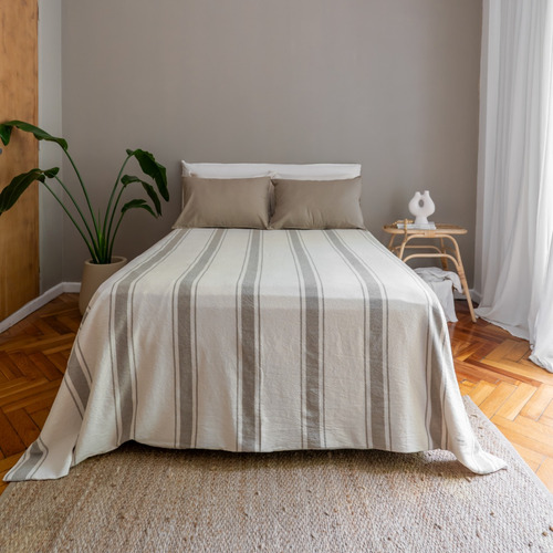 Funda De Edredón Luxury Raya Gruesa Cama Queen 140x190 Natural