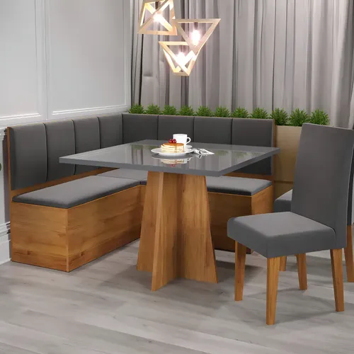 Conjunto Canto Alemão com Baú Mesa Quadrada 90CM Com 2 Cadeiras Cor Grafite