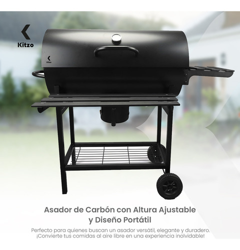 Asador De Carbón Tipo Barril Con Ruedas Acero Inoxidable Parrilla Para Jardin Kitzo