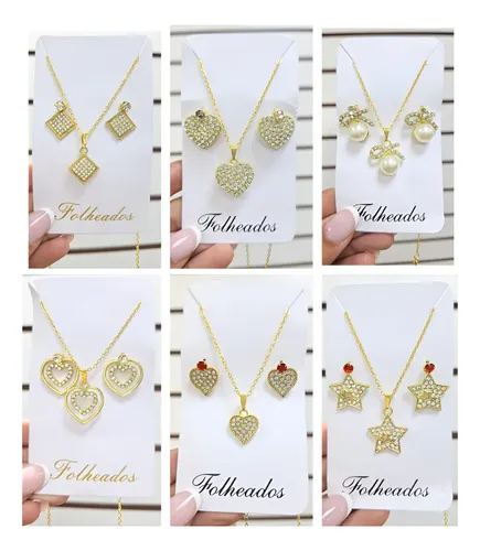 12 Kits Colar + Brinco Revenda Conjunto Folheado Atacado
