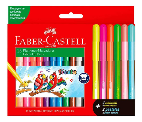 Set Marcadores Finos X12 + 4 Neon + 2 Pasteles Faber Castell