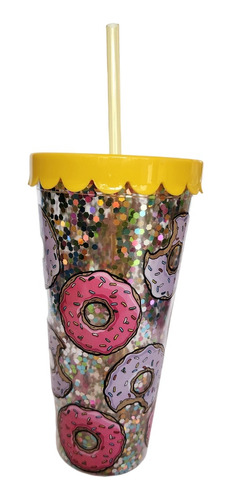 Vaso Térmico Glitter Brillos Donas Popote Tapa  Doble Capa