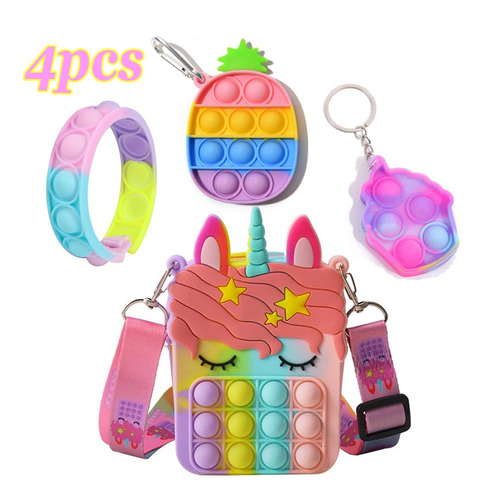 Juego De 4 Bolsas Tipo Cartera De Unicornio, Juguete Pop It