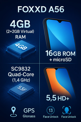 Celular Smartphone Foxxd A56 Android 13 4gb Ram (2+2gb) + Audífonos + Chip Telcel + Microsd 64gb Barato Negro