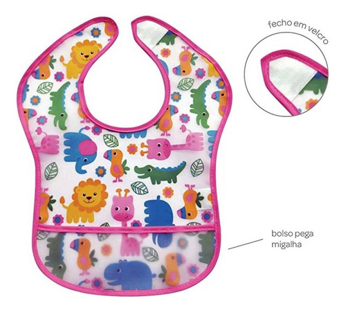 Babador Para Bebê Impermeável Com Bolso Safari Rosa - Buba