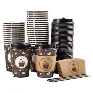 Disposable Coffee Cups With Lids, Sleeves And Straws 12...