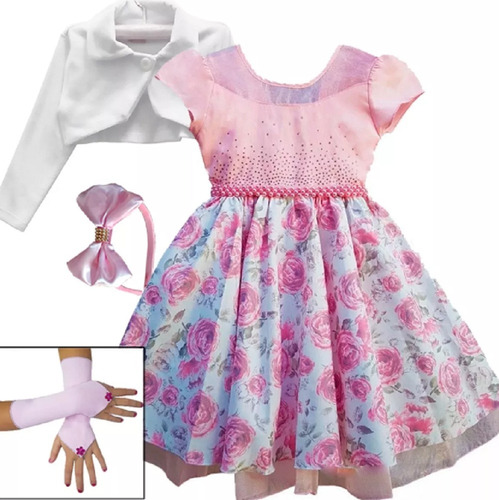 Vestido Festa Infantil Floral Princesa Luxo E Tiara E Bolero