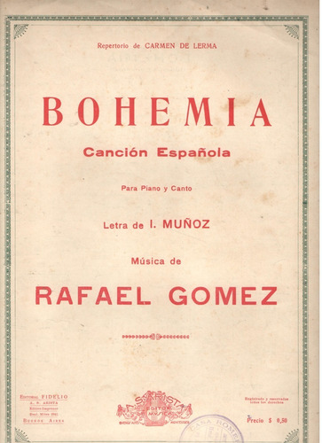 Partitura Original Canción Española Bohemia De Rafael Gómez