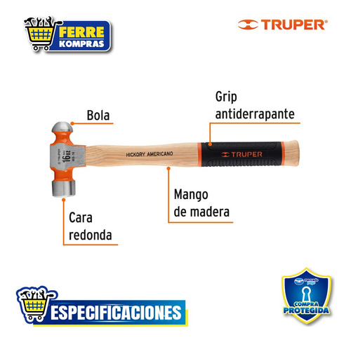 Martillo Pulido De Bola 16 Oz Mango Hick