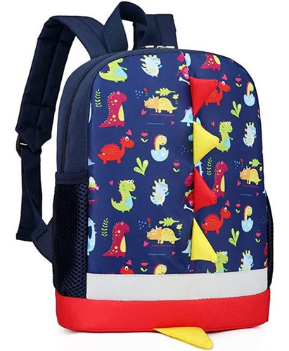 Mochila De Dinosaurio Lindo Preescolar Para Niños Con Correa Color Azul Oscuro