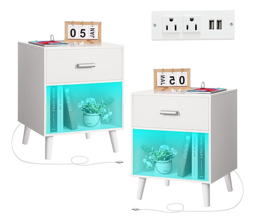 Quimoo Nightstands Set De 2 Con Estación De Carga Y Luces Le