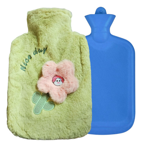 Bolsa De Agua Caliente 1 L Con Funda De Peluche Con Flor Celeste