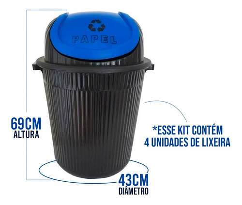 Kit Lixeiras Reciclagem Lixo 86 L Vidro Papel Plástico Metal Cor Preto