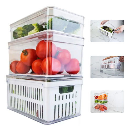Kit 3 Caixa Organizadora Geladeira Frutas Verduras Legumes