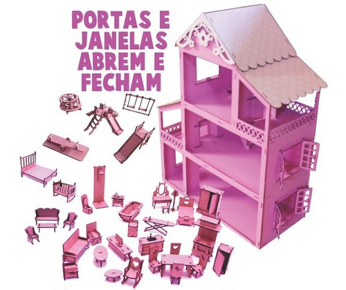 Imagem 1 de 1 de Casinha P/ Boneca Cor Rosa Com 34 Móveis Parque Pintado