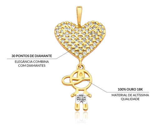 Pingente De Coração Com Menino Em Ouro 18k Com 30 Pontos De