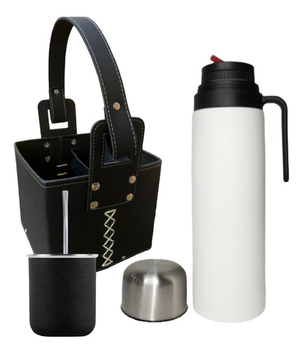 Equipo Kit Matero Termo 1l Blanco Mate Bombilla Canasta 