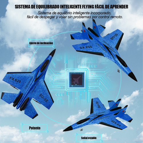 Avión bimotor de control remoto Su-35 Fx620 con 2 baterías, color azul